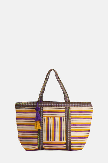 Multikleurige schoudertas van ALEX MAX, met streepjespatroon, tassel detail en een klein vakje.
