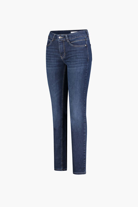 Middelblauwe rechte jeans van MAC met subtiele verbleekdetails en contrasterende naden, front view