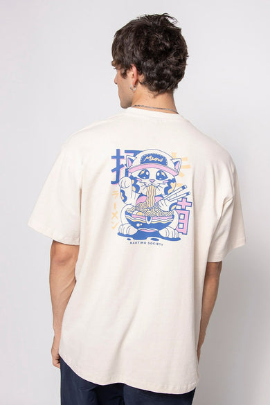 T-shirt à manches courtes écru de KAOTIKO avec imprimé coloré de chat dans le dos, fenêtres et caractères japonais, vue arrière