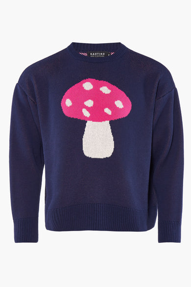 Pull à col rond bleu de KAOTIKO avec un champignon rose et blanc sur la poitrine, tricoté avec une texture fine, vue de face