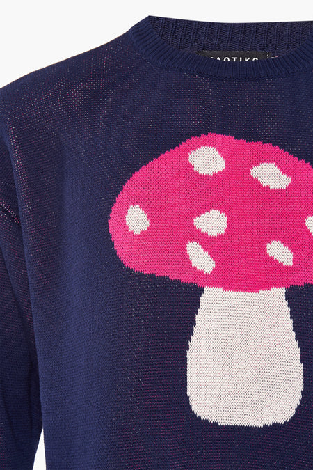 Pull à col rond bleu de KAOTIKO avec motif de champignon rose et pois blancs, gros plan sur le devant