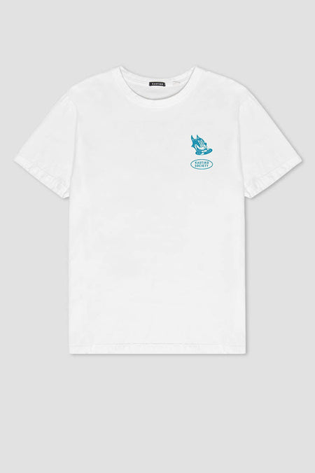 Wit T-shirt met korte mouwen van KAOTIKO, met blauwe grafische print op de borst.
