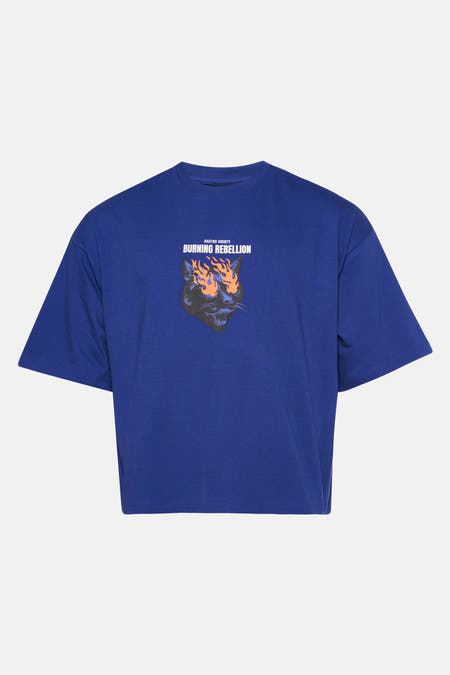Blauw T-shirt met korte mouwen van KAOTIKO, met een print van een kat met vlammen.