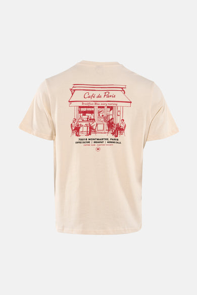 Ecru T-shirt van KAOTIKO met rode 'Café de Paris' print op de rug.
