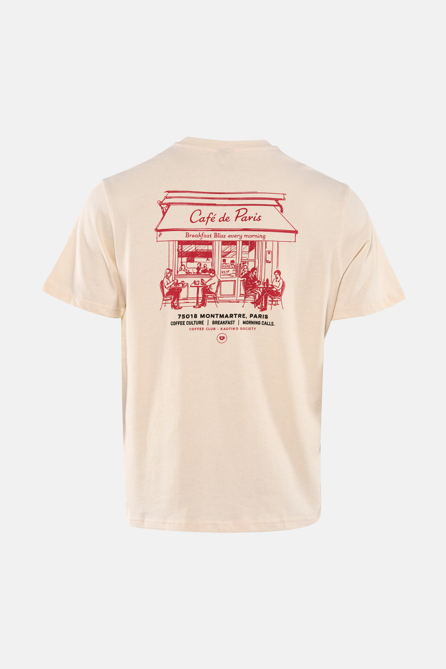 Ecru T-shirt van KAOTIKO met rode 'Café de Paris' print op de rug.
