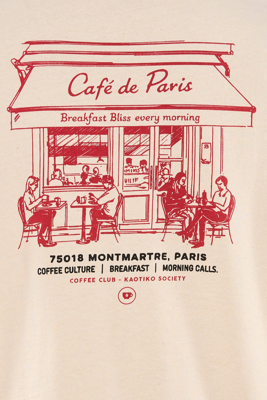 Ecru T-shirt van Kaotiko met een rode print van een Parijs café en mensen.

