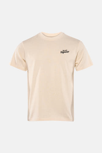 T-shirt écru à manches courtes de KAOTIKO avec imprimé texte noir sur la poitrine.