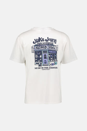 Wit T-shirt van KAOTIKO met opdruk van een platenzaak en de tekst "Music is the answer" op de rug.