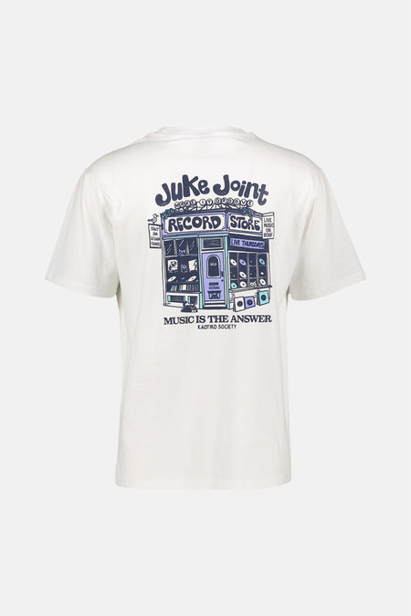 T-shirt blanc KAOTIKO avec un imprimé de disquaire et le texte "Music is the answer" dans le dos.