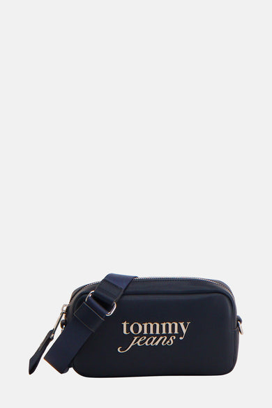 Blauwe schoudertas van TOMMY JEANS met zilverkleurige details en donkerblauwe schouderband.