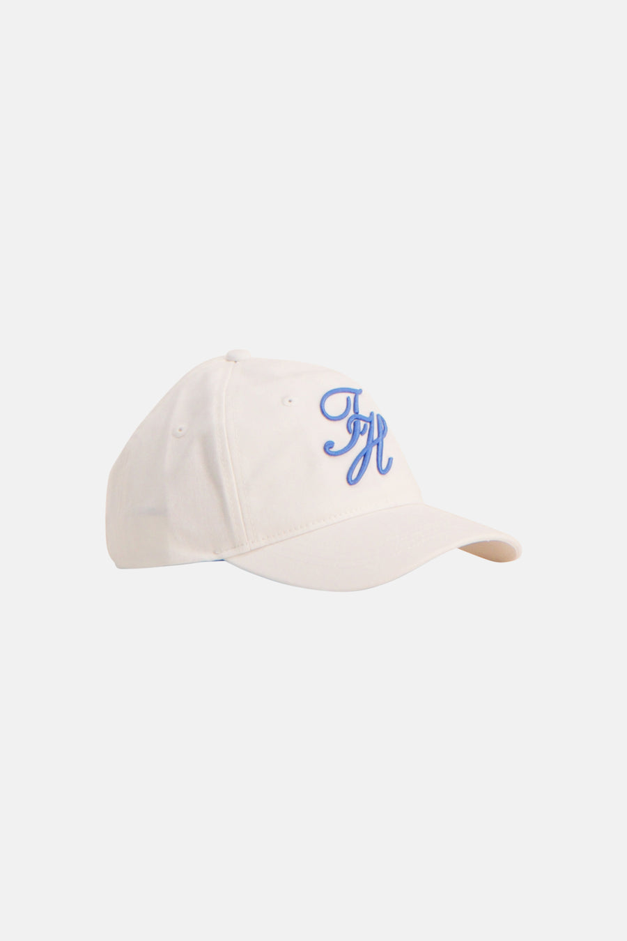 Witte pet van TOMMY JEANS met een geborduurd blauw TH-monogram, vanuit zijprofiel.