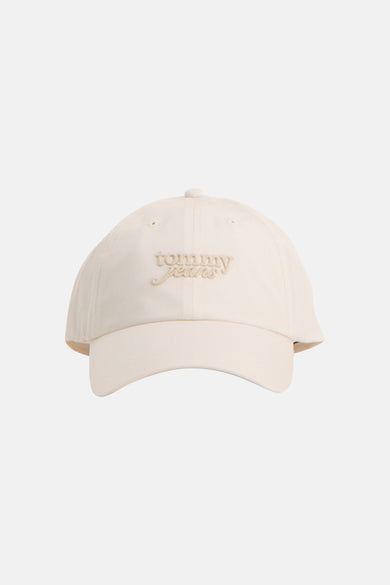 Ecru pet van TOMMY JEANS met geborduurd logo, front view, eenvoudig design, katoenlook