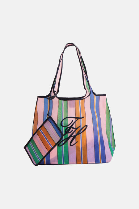 Multicolor gestreepte schoudertas van TOMMY JEANS met zwart geborduurd TH-logo en bijpassend etui.