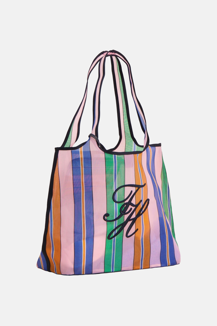 Multicolor gestreepte schoudertas van TOMMY JEANS met geborduurde initialen en zwarte biezen.