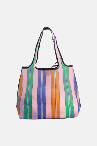 Multicolor gestreepte schoudertas van TOMMY JEANS met roze, groene, blauwe en oranje strepen en zwarte afwerking.