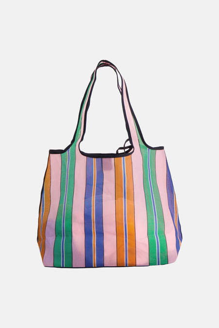 Multicolor gestreepte schoudertas van TOMMY JEANS met roze, groene, blauwe en oranje strepen en zwarte afwerking.
