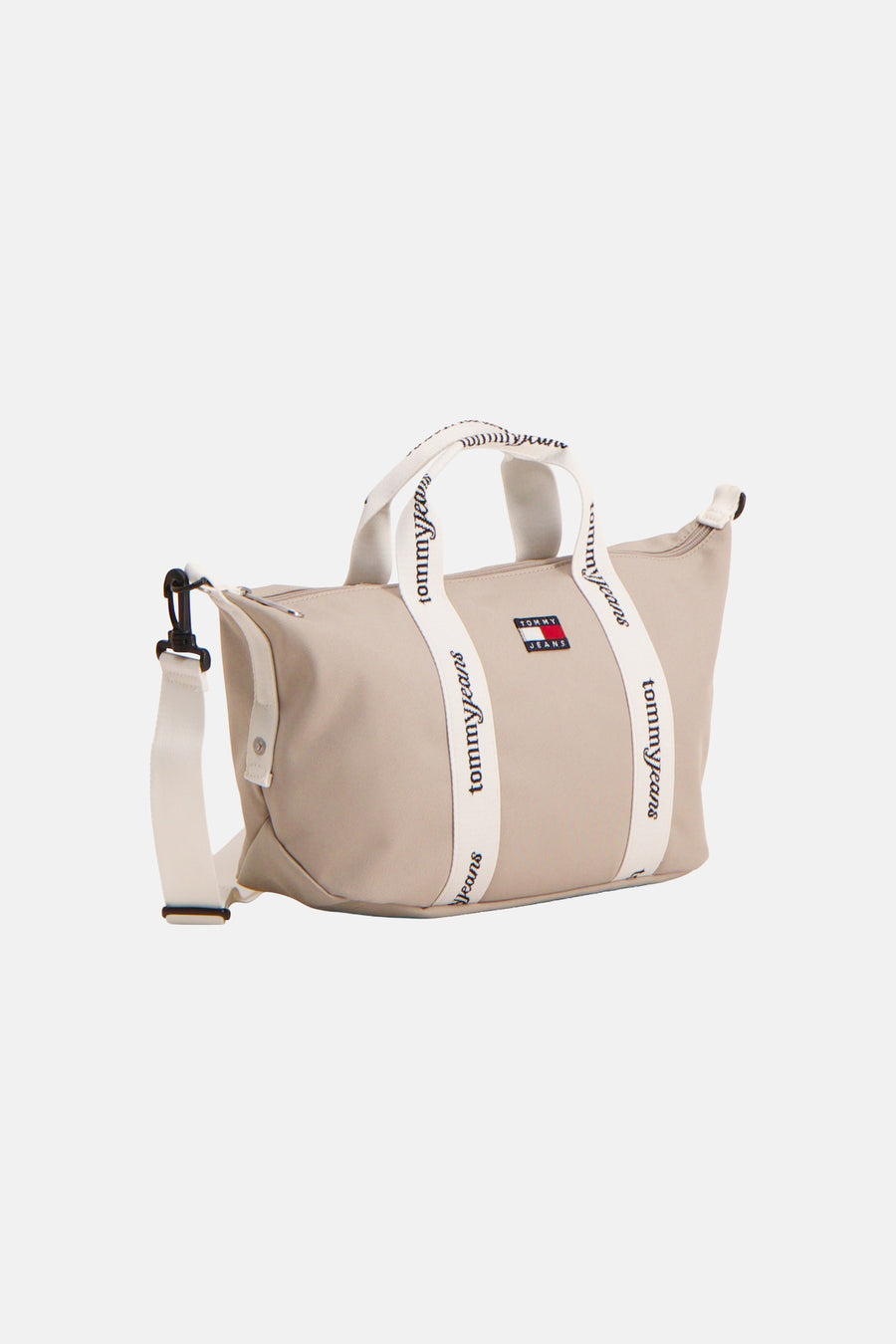 Sac à bandoulière beige de TOMMY JEANS, avec anses blanches et une bandoulière réglable.