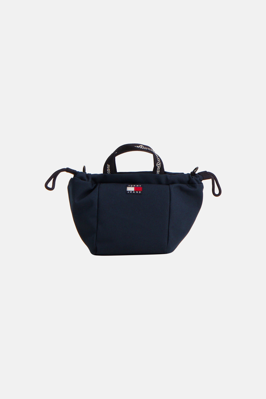 Blauwe handtas van TOMMY JEANS met logo, korte handvatten en trekkoorden, front view
