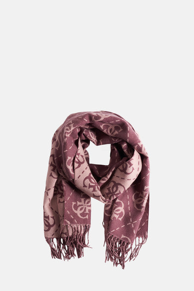 Chapeau d'hiver rose de Guess avec un motif de logos et de franges.