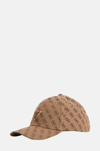 Bruine pet van Guess met logoprint en een gouden logo op de voorkant.
