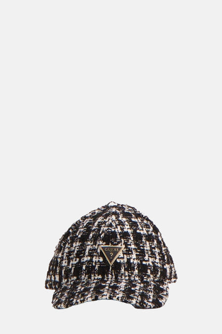 Zwarte pet van Guess met een tweed patroon en een driehoekig merklogo.