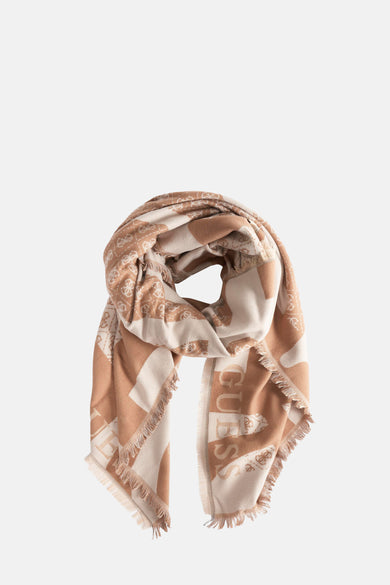 Écharpe d'hiver beige de Guess avec un imprimé logo sur toute la surface et des franges aux extrémités.