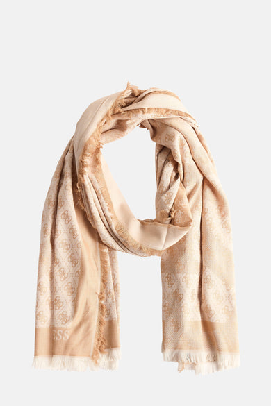 Châle d'été brun de Guess avec un motif subtil, logo sur toute la surface et une texture plissée.