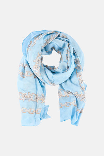 Écharpe d'été bleue Guess, avec un motif de chaîne et un logo discret.