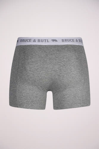 Shorts de bain gris Bruce & Butler, avec une ceinture élastique dotée du nom et du logo de la marque.