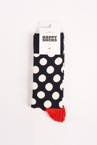 Blauwe sokken van Happy Socks met witte stippen en rode teen.
