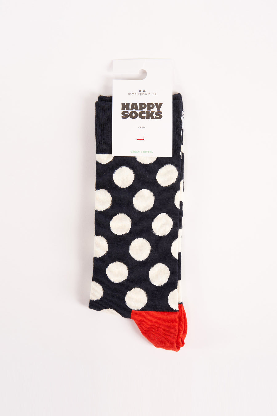Blauwe sokken van Happy Socks met witte stippen en rode teen.
