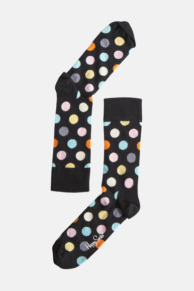Multikleurige sokken van Happy Socks, met een stippenpatroon in blauw, roze, geel, oranje, grijs en wit.

