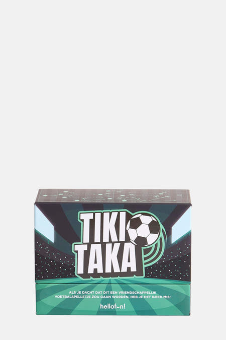 Cadeau multicolore d'HELLOFUN, avec un thème de football et le texte "Tiki Taka" sur l'emballage.