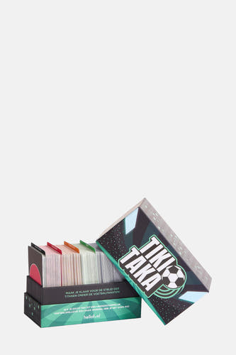 Jeu de cartes multicolore Tiki Taka d'HELLOFUN, avec un thème de football et divers paquets de cartes.