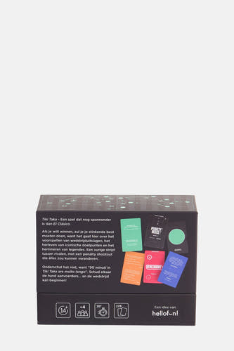 Jeu multicolore 'Tiki Taka' d'HELLOFUN, avec des séries de pénalités et des cartes d'extension, et des symboles de règles de jeu tels que l'âge, le nombre de joueurs et la durée du jeu.