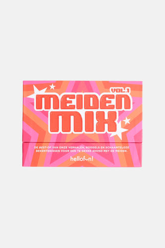 Multicolor 'Meiden Mix Vol.1' spel van HELLOFUN, met roze en oranje gestreept patroon en witte sterren.
