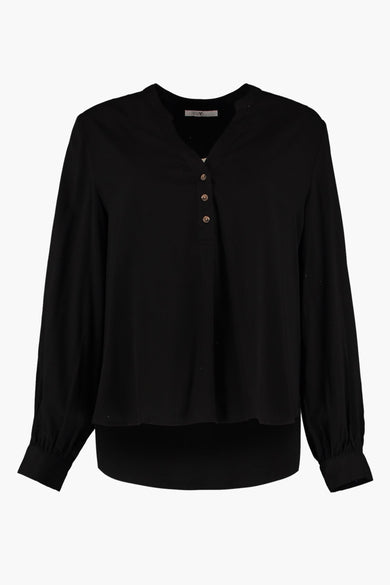 Zwarte blouse met lange mouwen van HAILYS, V-hals met knopen en ruches aan de mouwen, front view