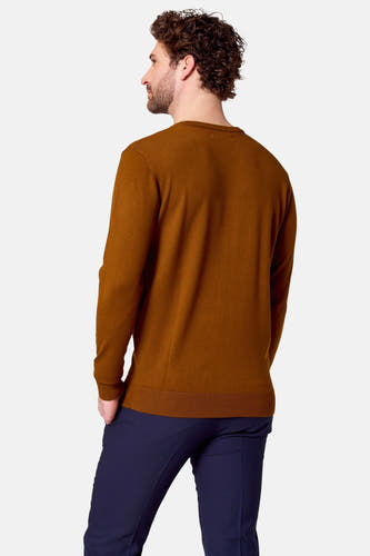 Bruine V-hals trui van Bruce & Butler, gezien van achteren, gecombineerd met een donkerblauwe pantalon.
