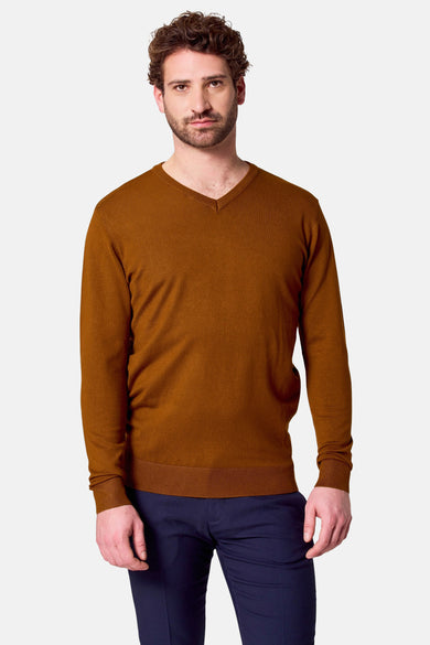 Pull à col V marron de Bruce & Butler, porté avec un pantalon bleu marine.