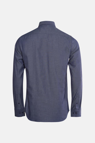 Blauw overhemd met lange mouwen van Bruce & Butler, met een subtiele grafische print, gezien van achteren.
