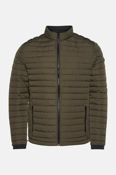 Kaki korte jas van Bruce & Butler, met ritssluiting en horizontale stiksels.
