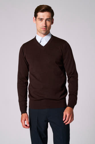 Bruine trui met V-hals van Bruce & Butler, gedragen over een lichtblauw overhemd met patroon en een donkere pantalon.
