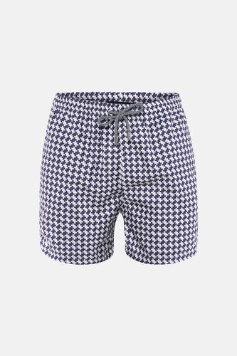Short de bain bleu marine et blanc de Bruce & Butler avec un motif à carreaux géométriques et des cordons de serrage rayés.