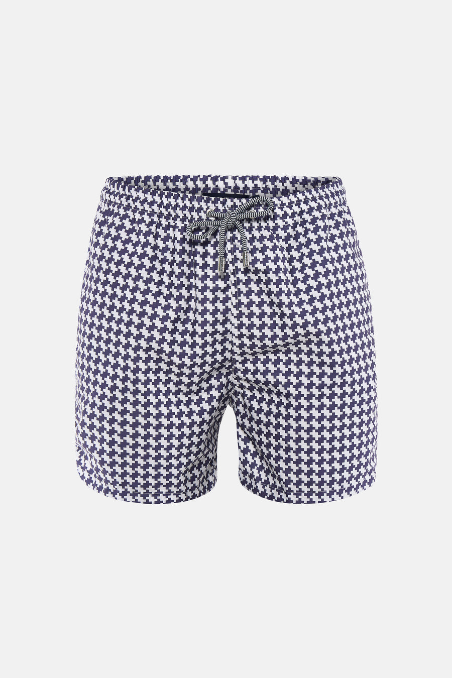 Short de bain bleu marine et blanc de Bruce & Butler avec un motif à carreaux géométriques et des cordons de serrage rayés.