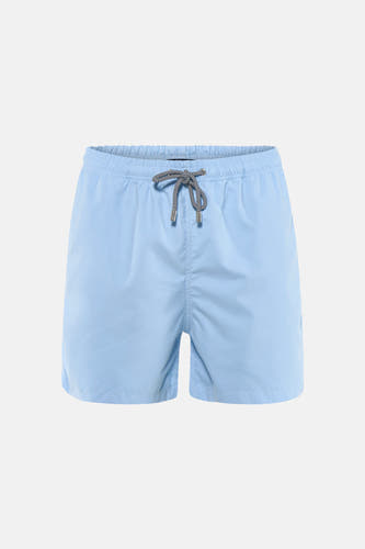 Short de bain bleu de Bruce & Butler avec taille élastique et cordon de serrage rayé noir et blanc.