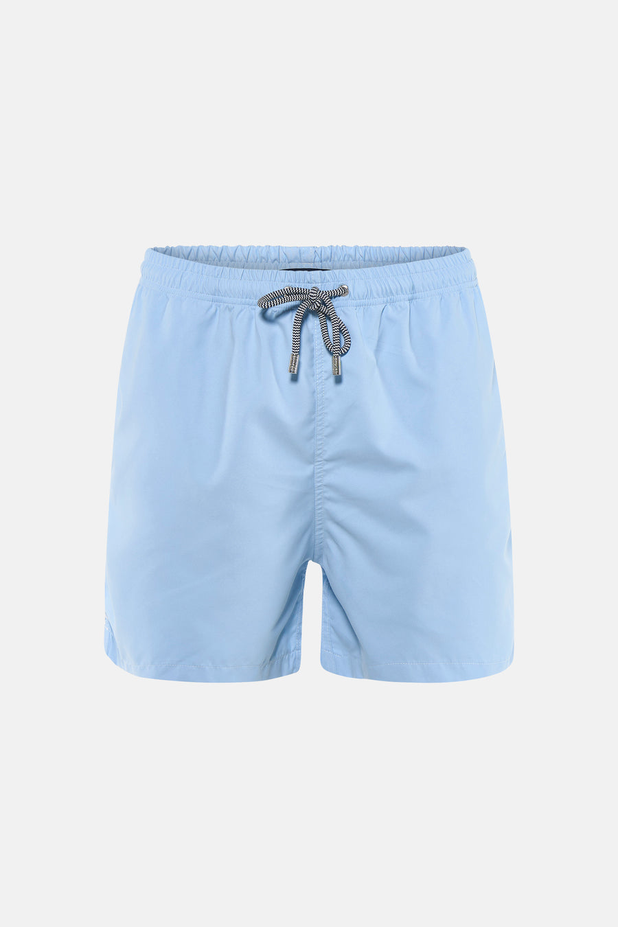 Short de bain bleu de Bruce & Butler avec taille élastique et cordon de serrage rayé noir et blanc.