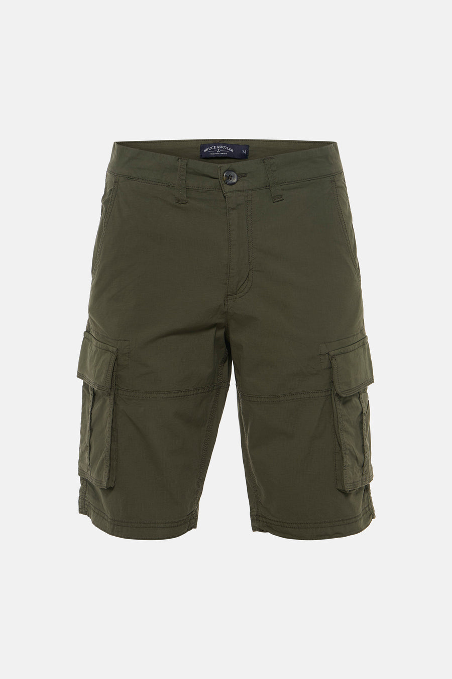 Kaki Bermuda's van Bruce & Butler met grote zakken, front view, casual stijl