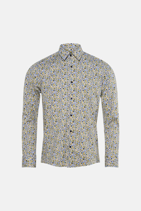 Multicolor bloemenprint overhemd van Bruce & Butler, lange mouwen, front view, fijne textuur, knoopsluiting