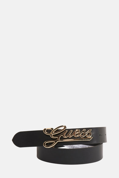 Zwarte riem van Guess met een gouden metalen 'Guess'-logo op de voorkant.
