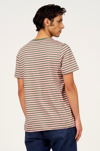 T-shirt multicolore à manches courtes Cyclo Club Marcel, avec des rayures horizontales roses et vert olive.